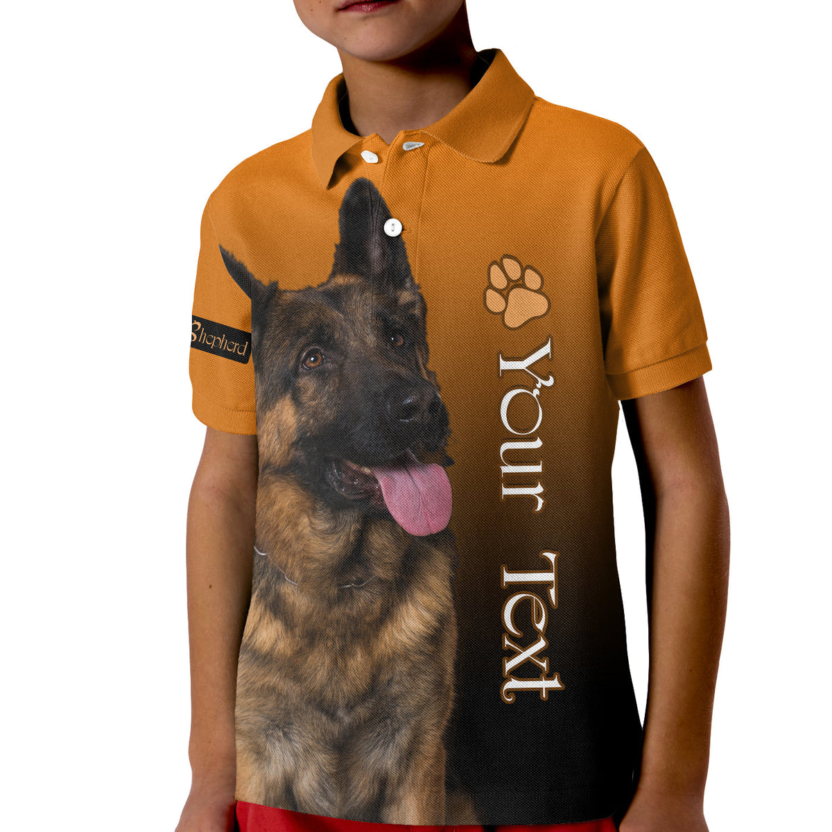 Orange Kinder-Poloshirt mit German-Shepherd-Frontdruck und Pfotenmotiv