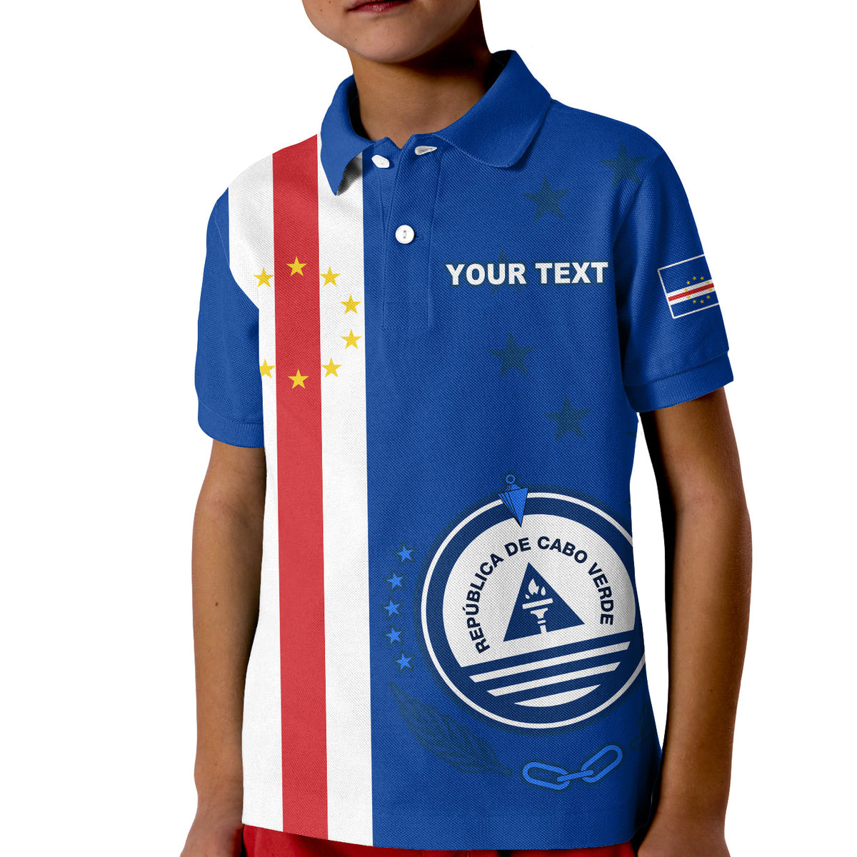 Kid blue polo with Cabo Verde flag stripe and 'YOUR TEXT' front print