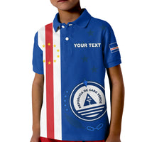 Kid blue polo with Cabo Verde flag stripe and 'YOUR TEXT' front print