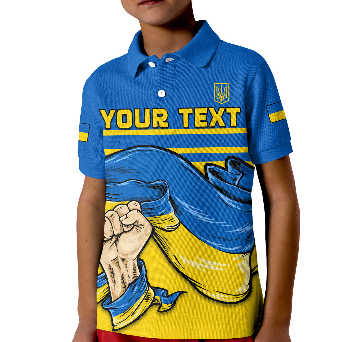 Kids blue polo with yellow graphic, trident emblem and 'YOUR TEXT' print