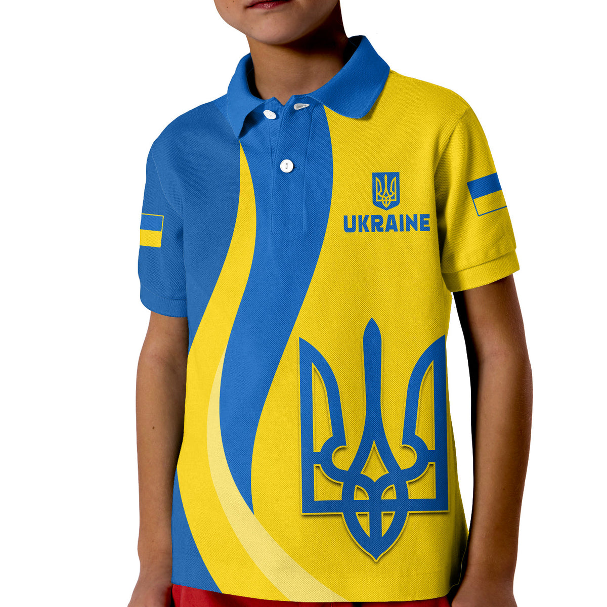 Kids yellow/blue Ukraine polo with trident crest and UKRAINE text on front