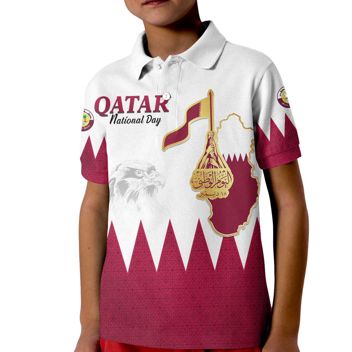 Kids white polo shirt with maroon graphic Qatar National Day and flag emblem