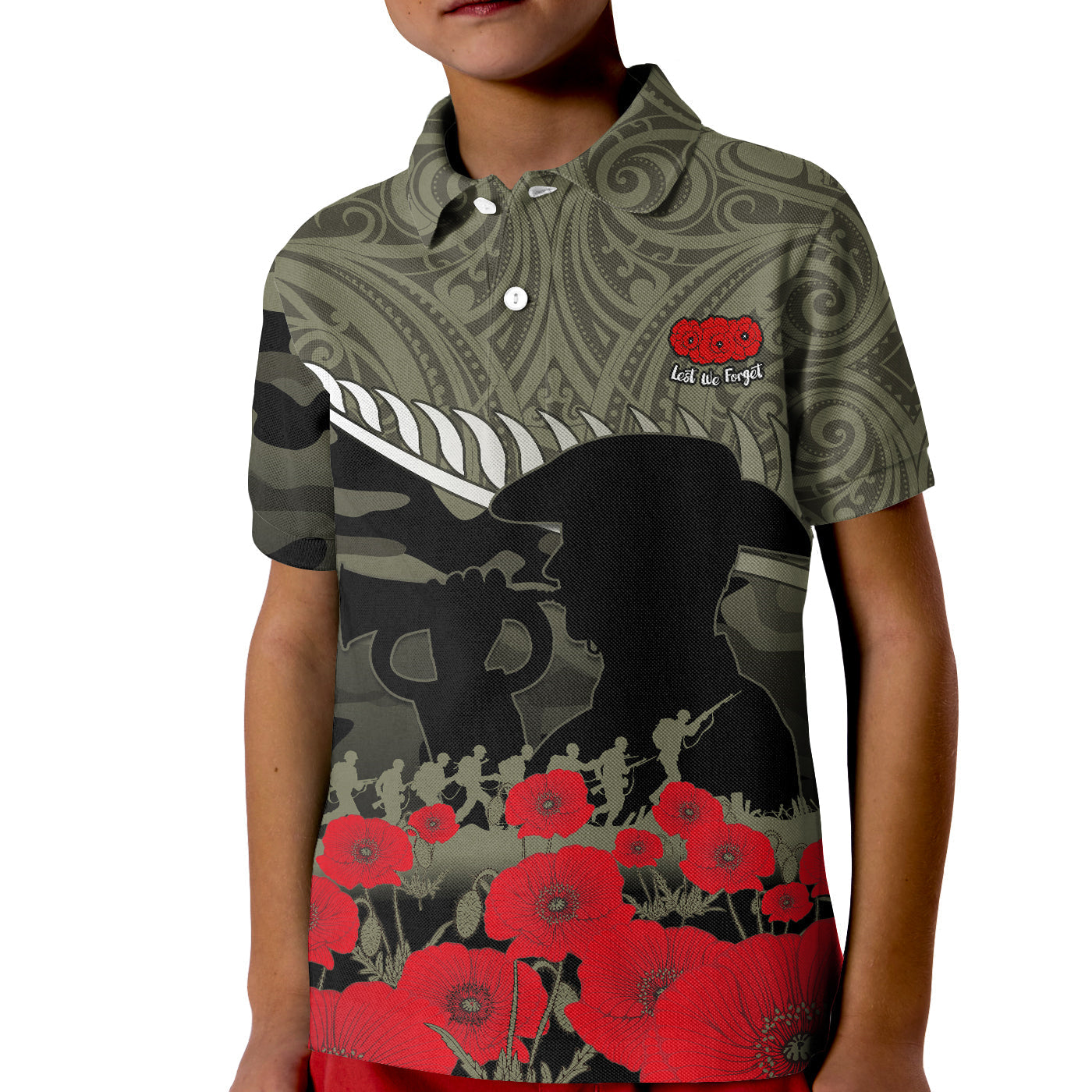 New Zealand ANZAC 2022 Polo Shirt KID Maori Camouflage - Wonder Print Shop