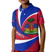 Kid Haiti flag style polo shirt, front view with blue red white crest and palm tree