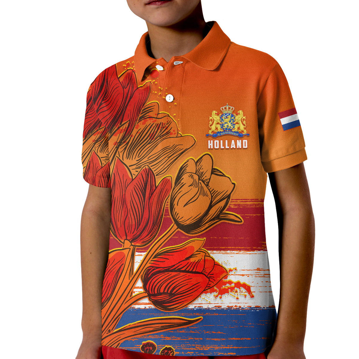 Kids orange polo shirt with Holland crest and tulip graphic, buttoned collar
