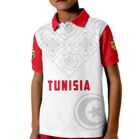 Kids white polo shirt with red collar, grey Tunisian pattern and “TUNISIA” print
