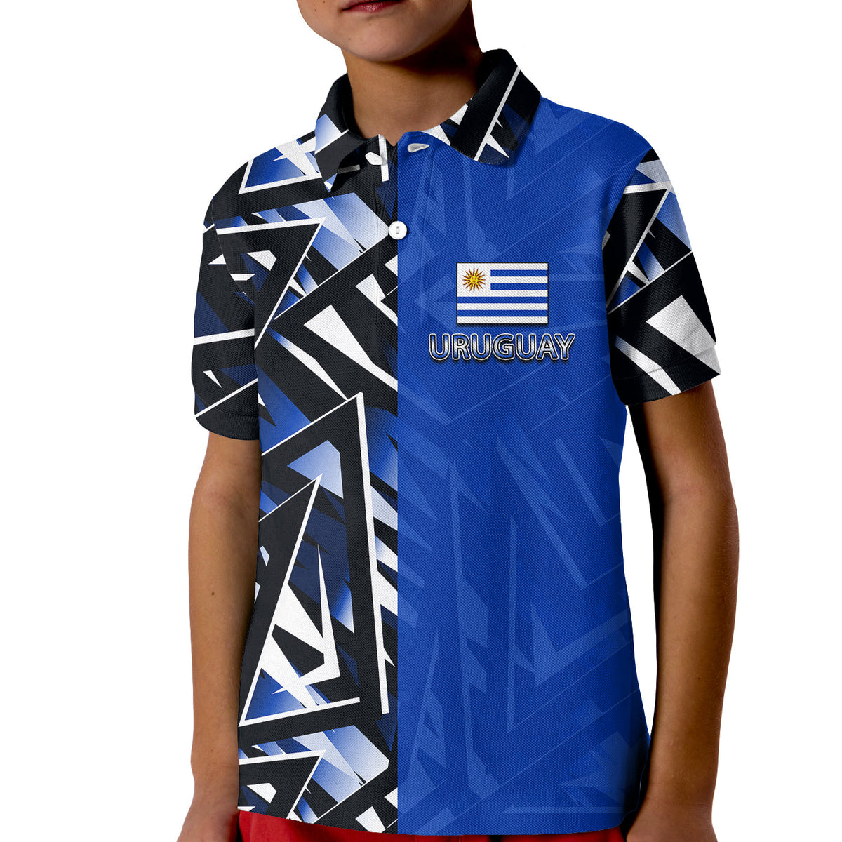 Blue kids polo shirt with Uruguay flag crest and graphic front panel