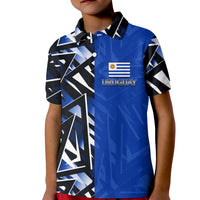 Blue kids polo shirt with Uruguay flag crest and graphic front panel
