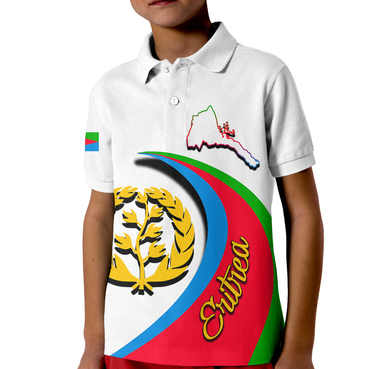 Kids white polo shirt, front graphic with Eritrea map, olive tree and flag colors