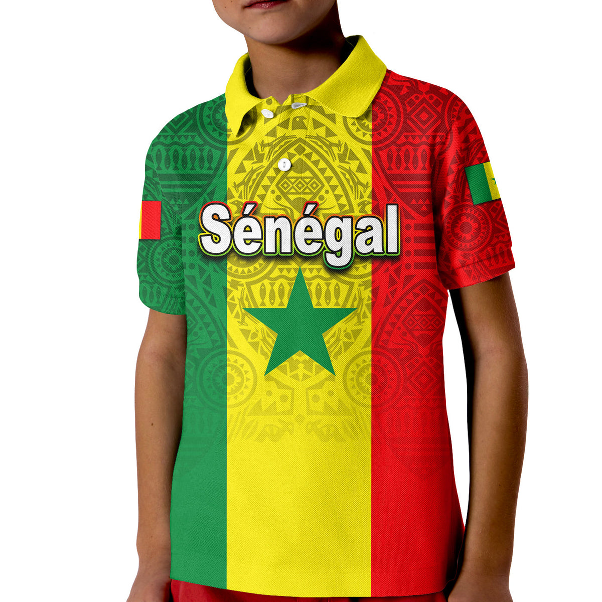 Kid Senegal polo shirt: tricolor panel with 'Sénégal' front graphic