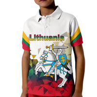 Kids white polo shirt with Lithuania knight graphic and red-yellow-green sleeves