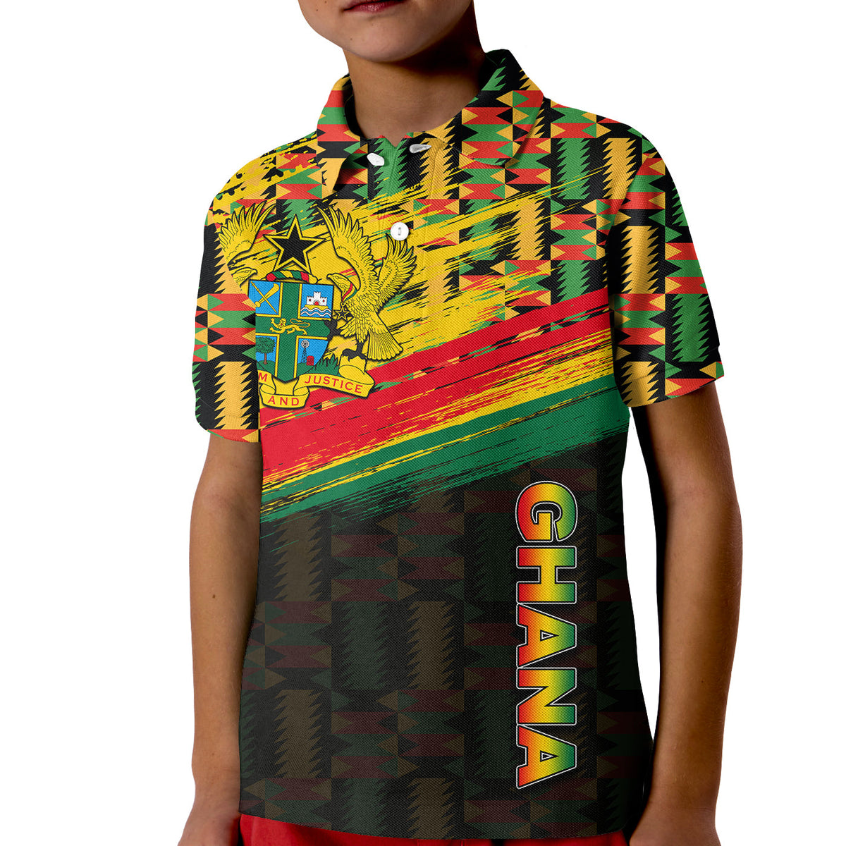 Kids black polo with multicolor graphic print, button collar