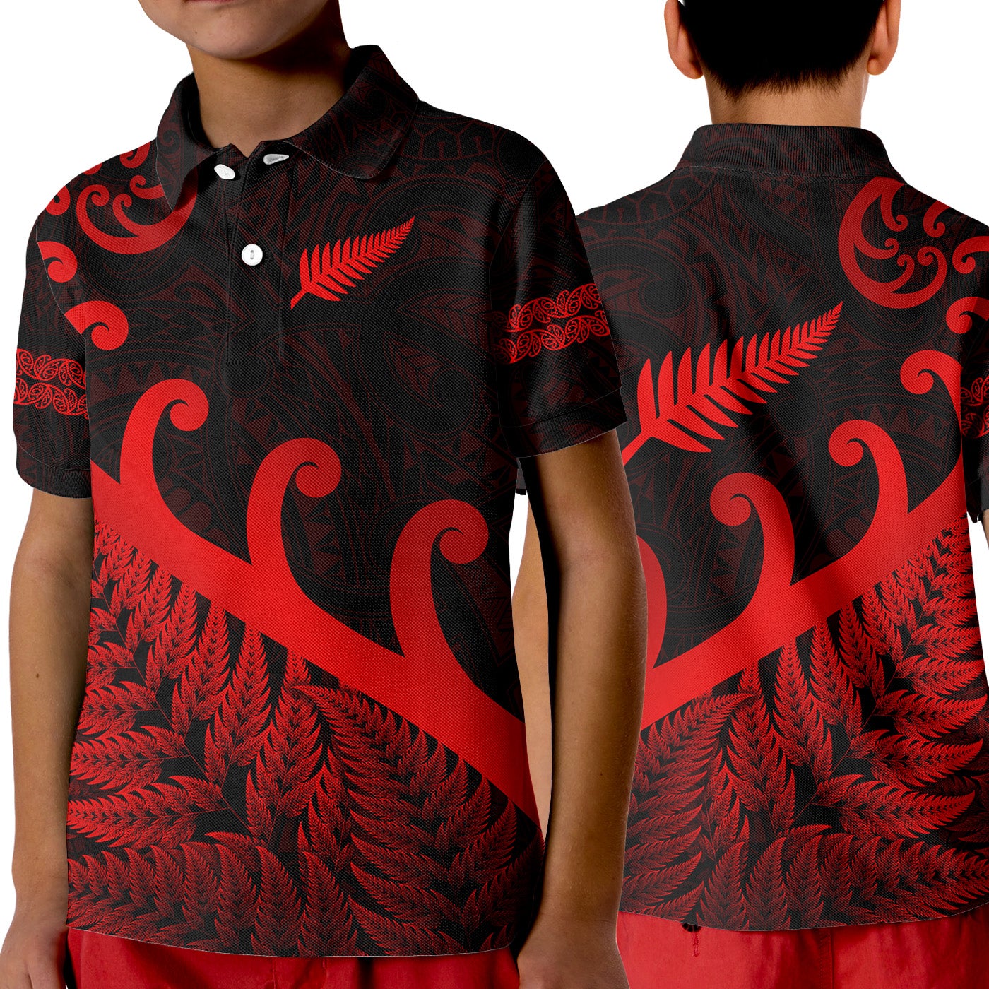 New Zealand Rugby Maori Polo Shirt KID Silver Fern Koru Vibes Red LT8 - Wonder Print Shop