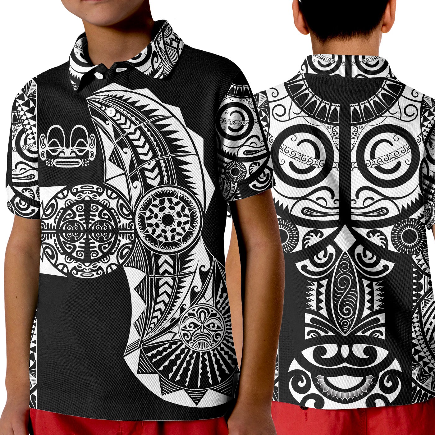 Custom Marquesas Islands Polo Shirt KID Marquesan Tattoo Original Style Black LT8 - Wonder Print Shop