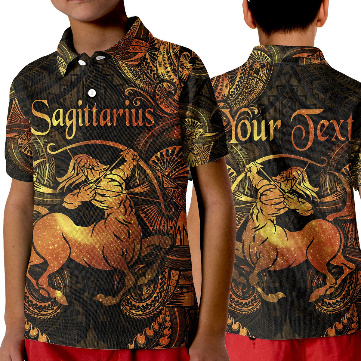 Kids gold polo shirt with Sagittarius Polynesian-style graphic, short sleeves