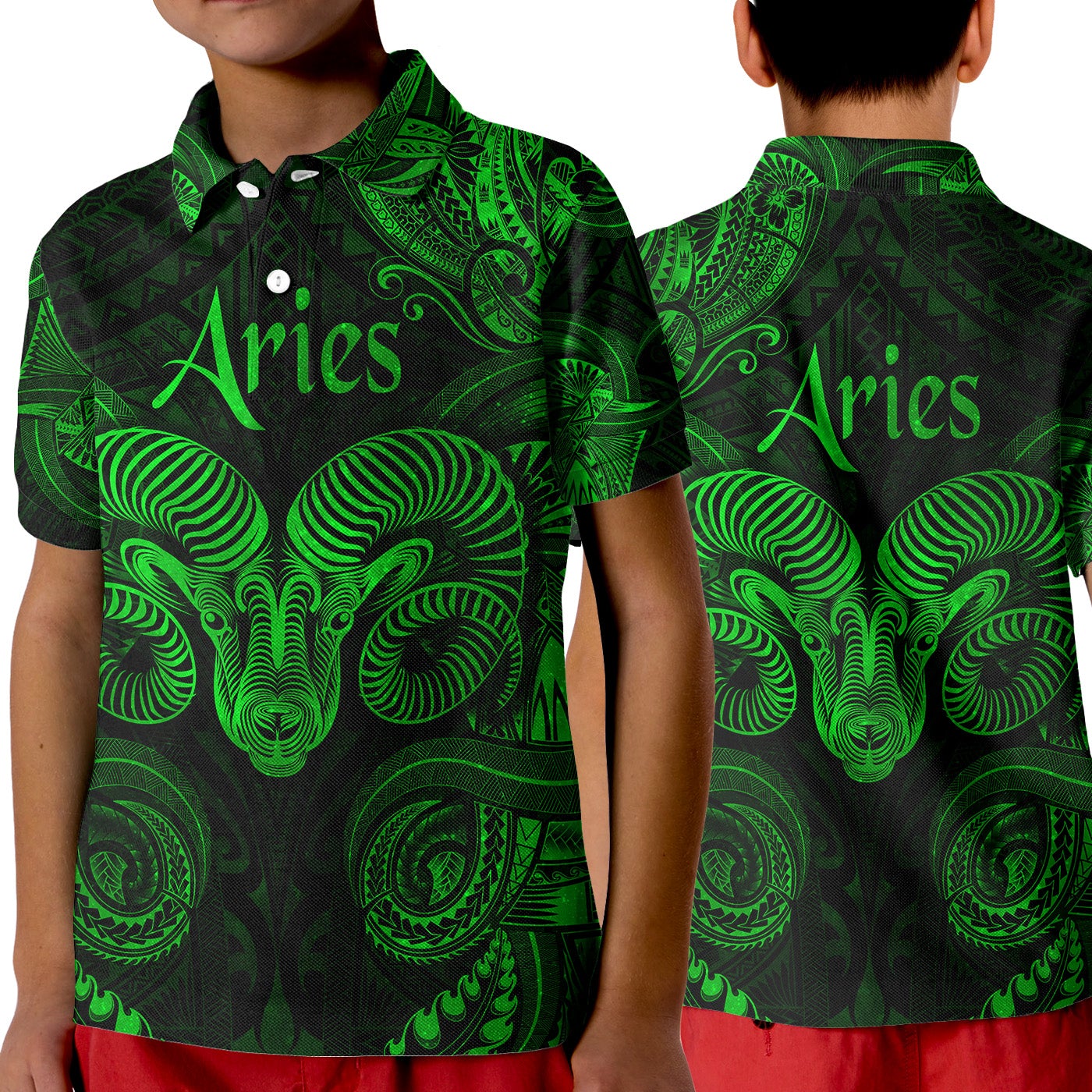 Aries Zodiac Polynesian Polo Shirt KID Unique Style Green LT8 - Wonder Print Shop