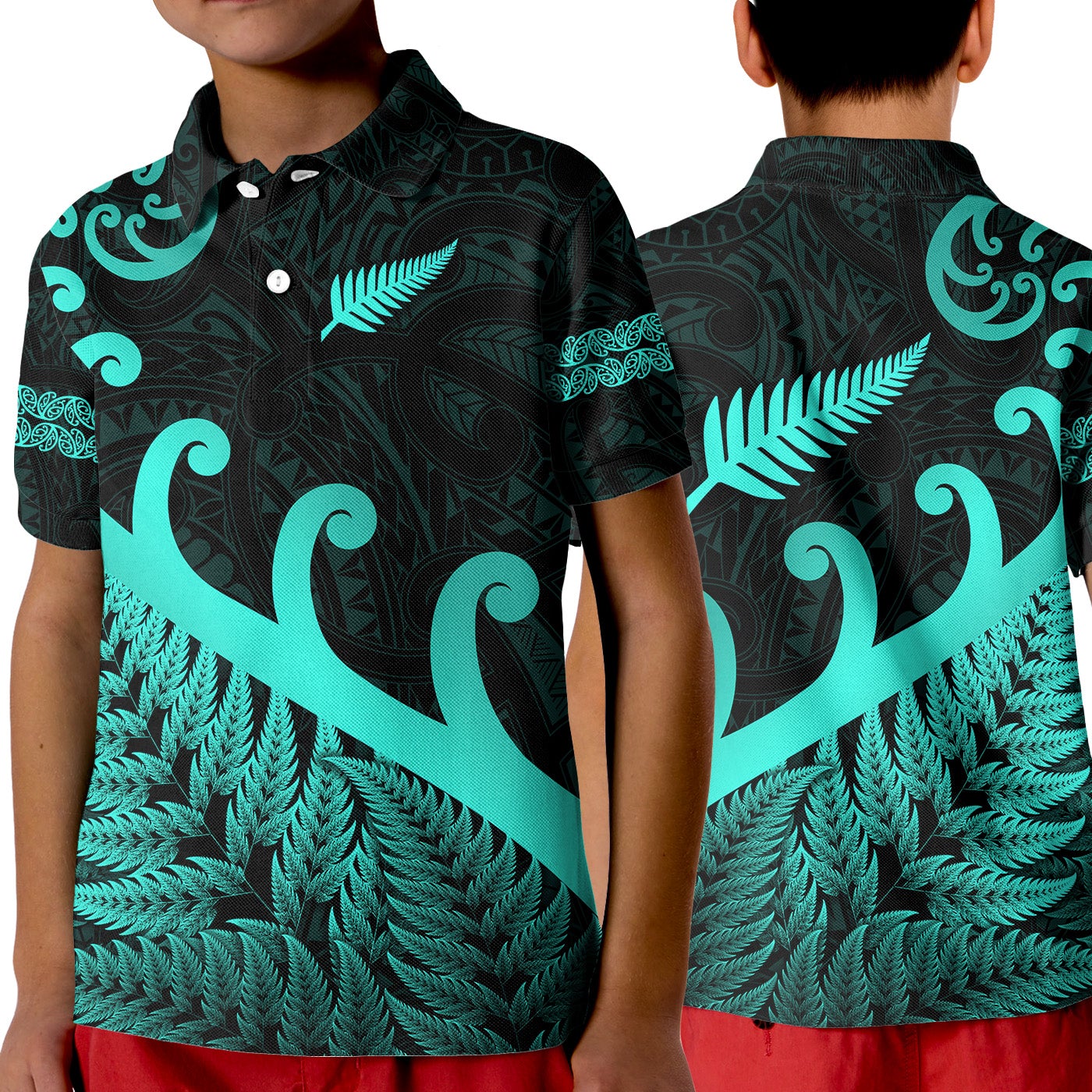 New Zealand Rugby Maori Polo Shirt KID Silver Fern Koru Vibes Turquoise LT8 - Wonder Print Shop