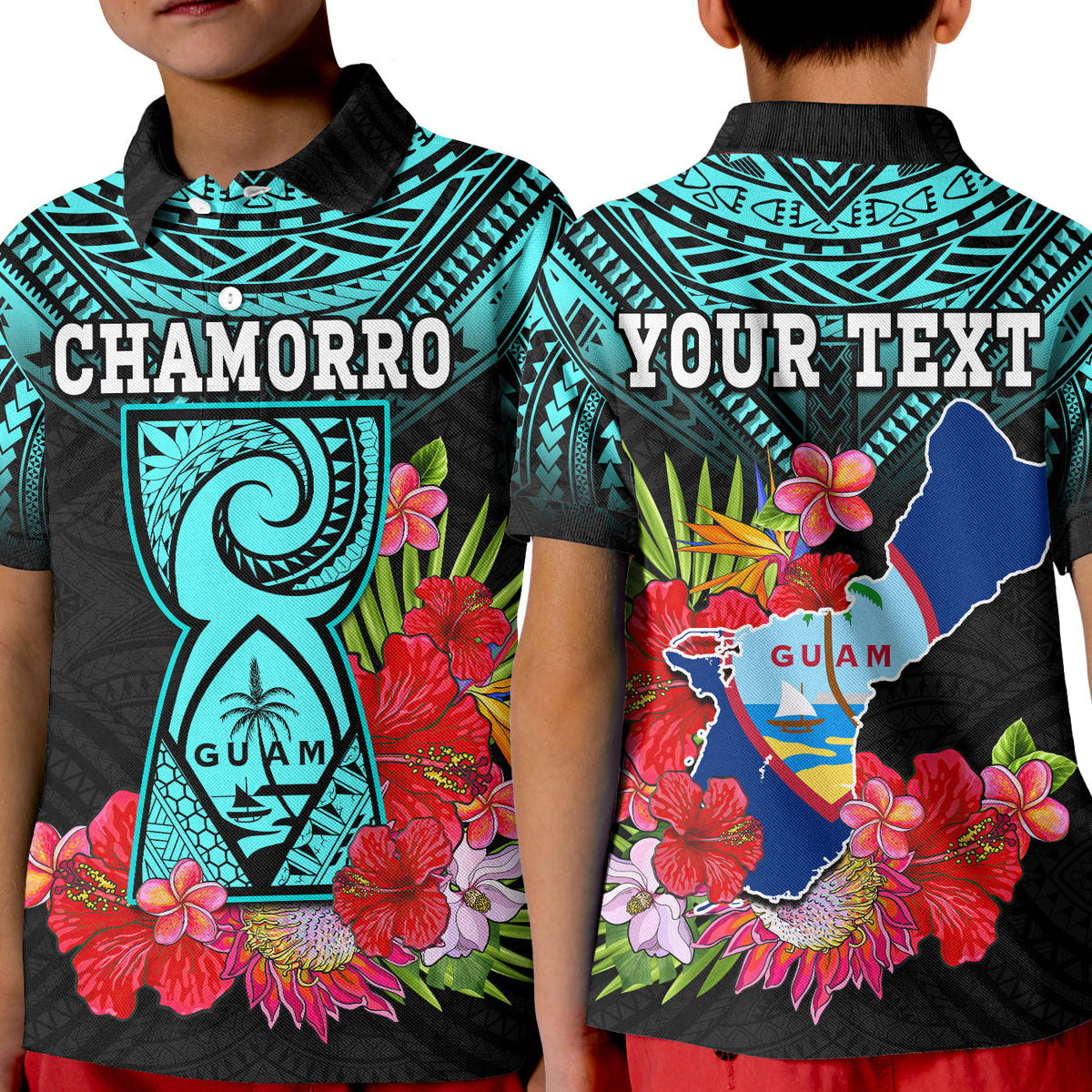 Kids polo shirt with turquoise geometric trim, floral print front, black background