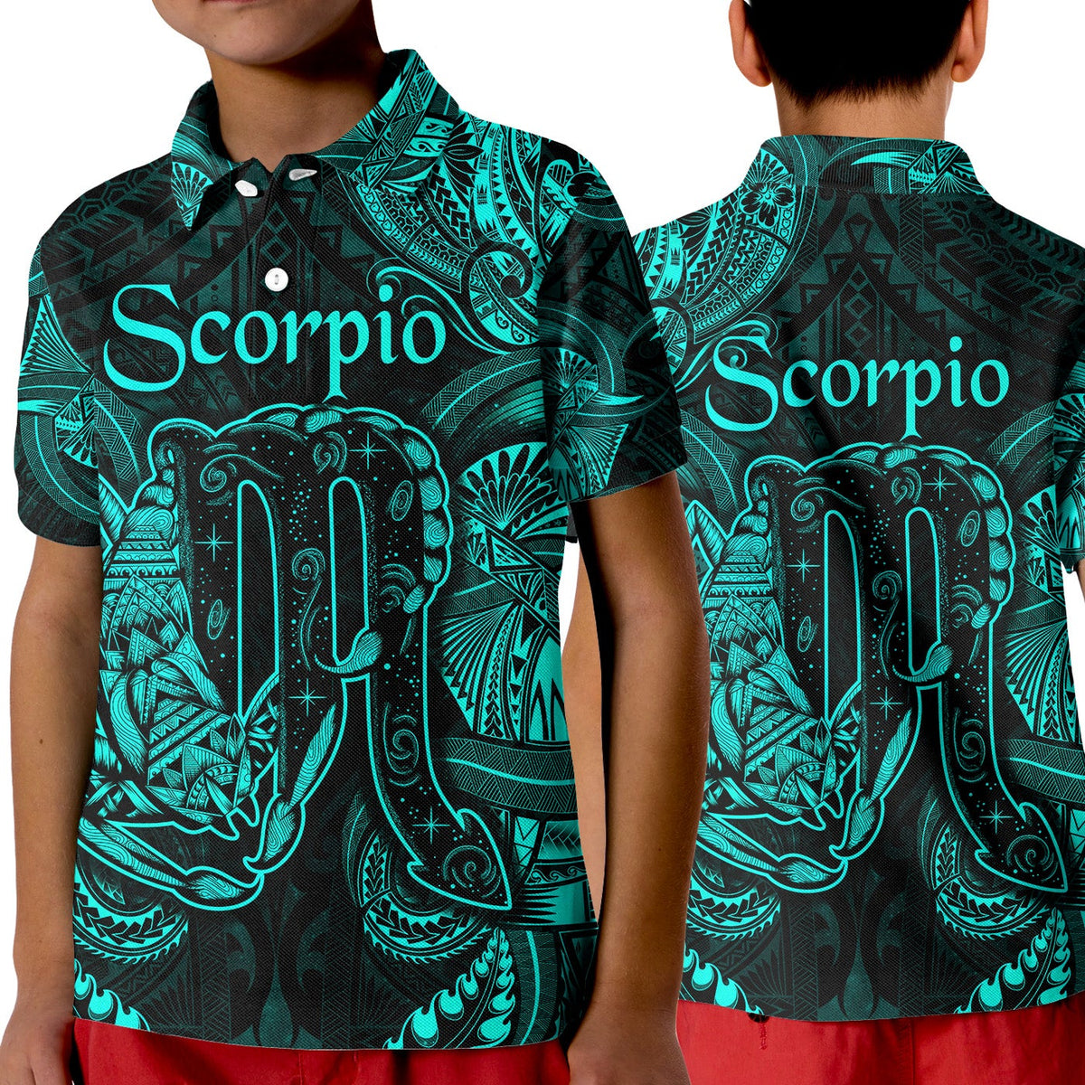 Kid polo shirt with dark teal base, turquoise Scorpio Polynesian print, button collar