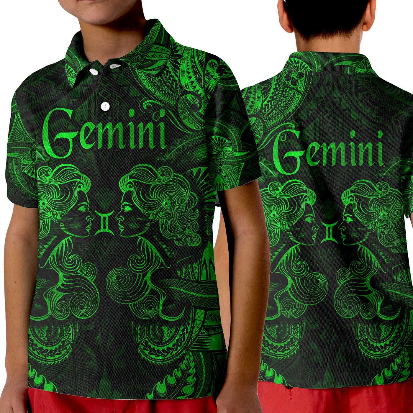 Gemini Zodiac Polynesian Polo Shirt KID Unique Style Green LT8 - Wonder Print Shop