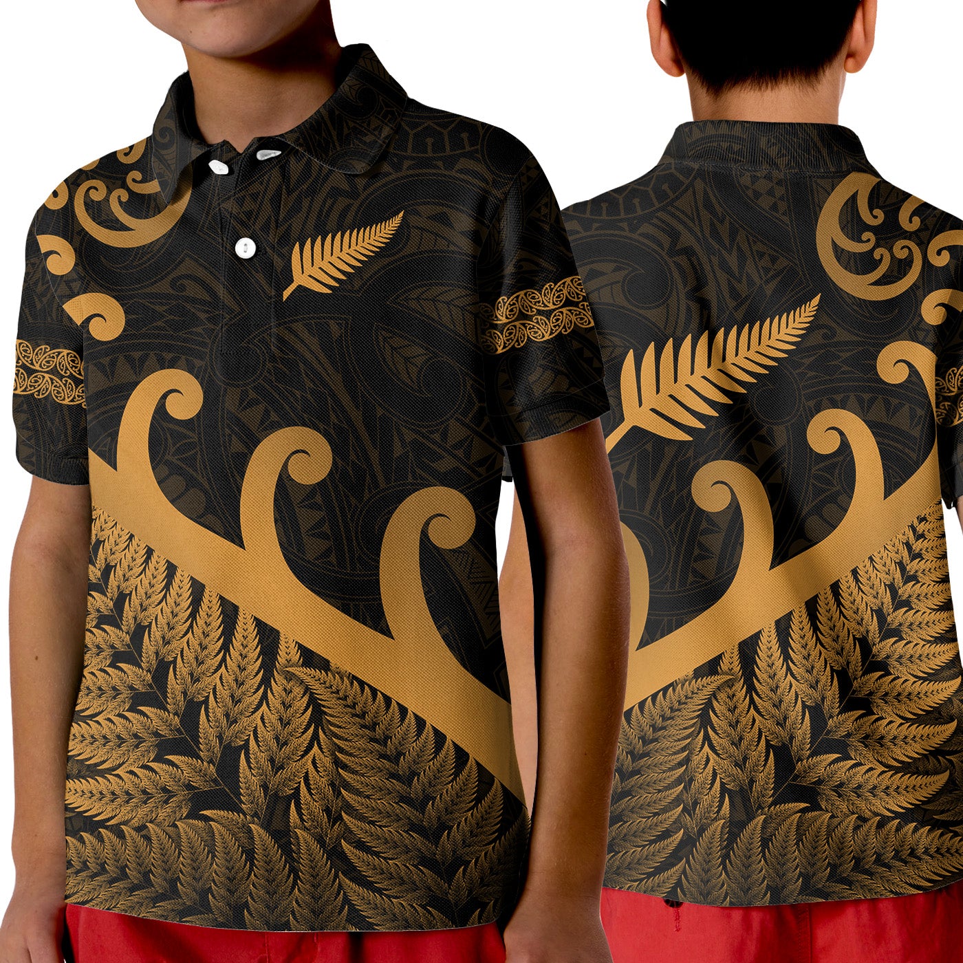 New Zealand Rugby Maori Polo Shirt KID Silver Fern Koru Vibes Gold LT8 - Wonder Print Shop