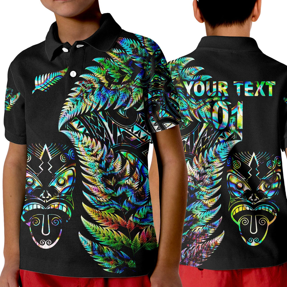 Kids black polo shirt with colorful feather and tribal mask graphic, button collar