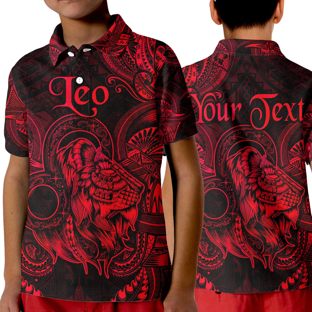 Kid polo shirt with red-and-black Leo zodiac Polynesian print, button collar.