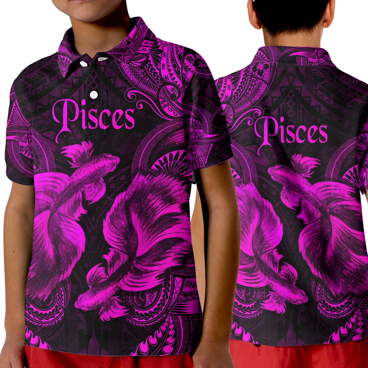 Pisces Zodiac Polynesian Polo Shirt KID Unique Style Pink LT8 - Wonder Print Shop