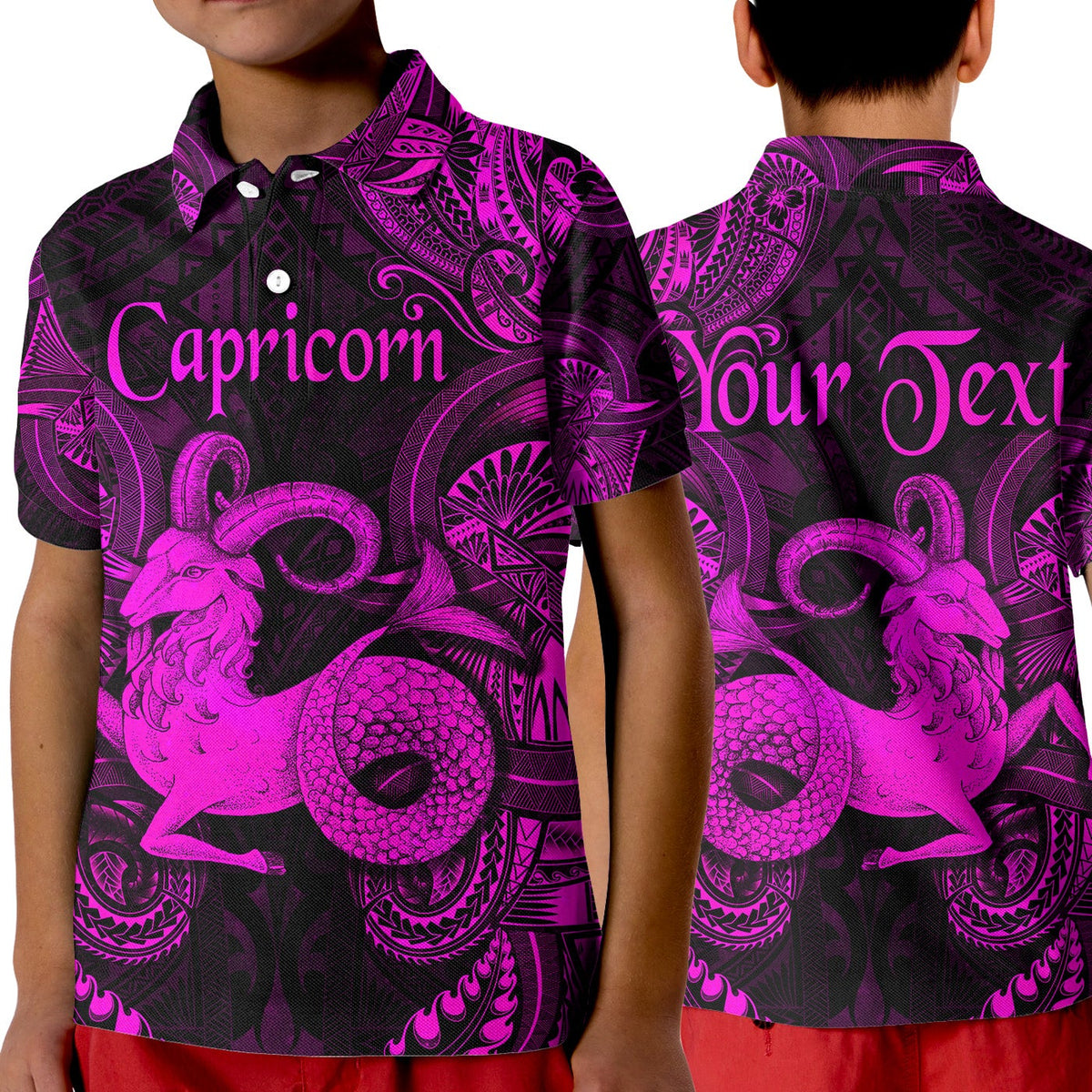Kid polo shirt with purple-pink capricorn zodiac print, button collar, short sleeves