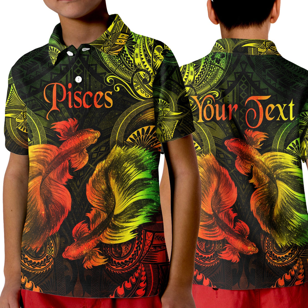 Kid polo shirt black with green Polynesian patterns, Pisces graphic and coral birds