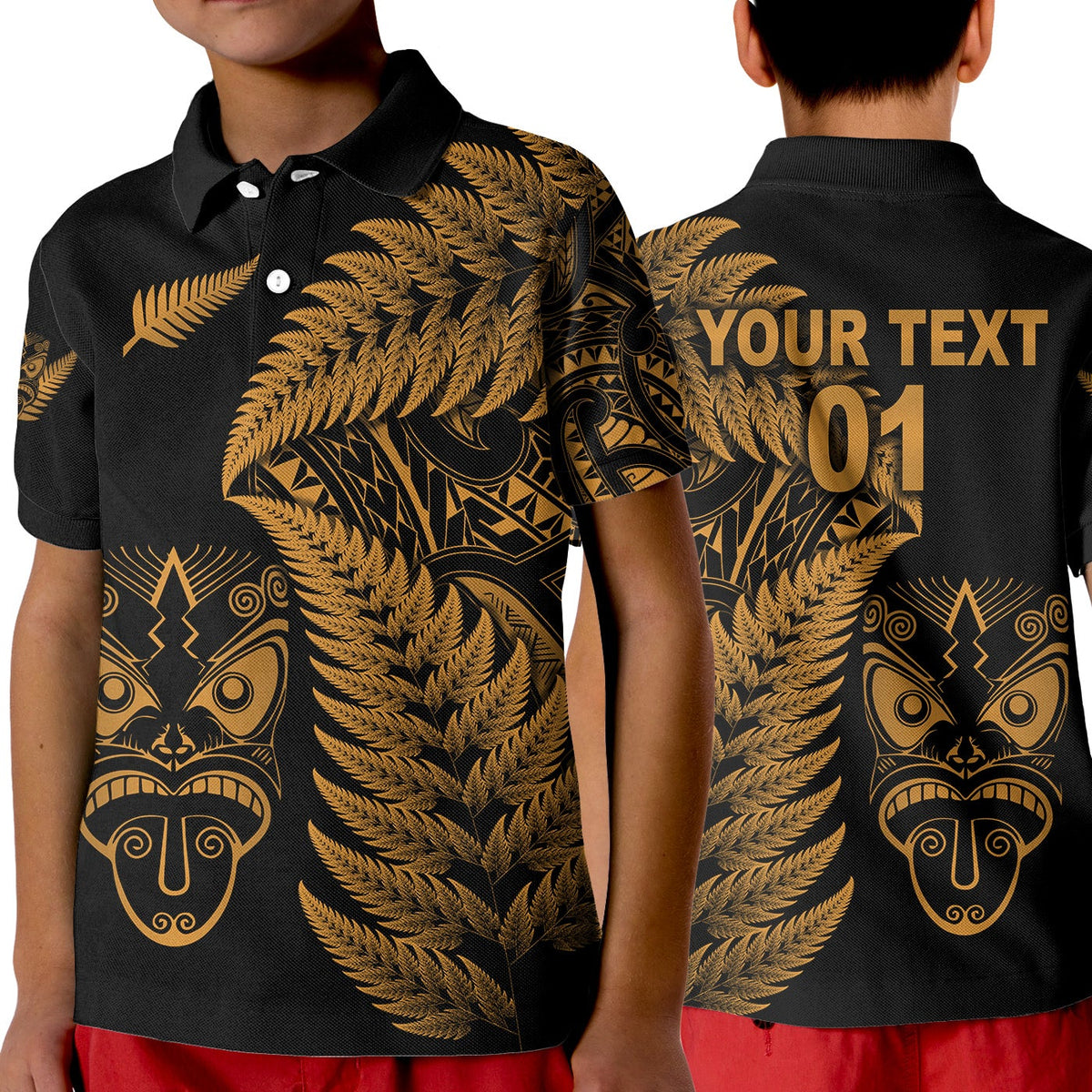 Kids black polo with gold fern and Maori mask graphic on front and back