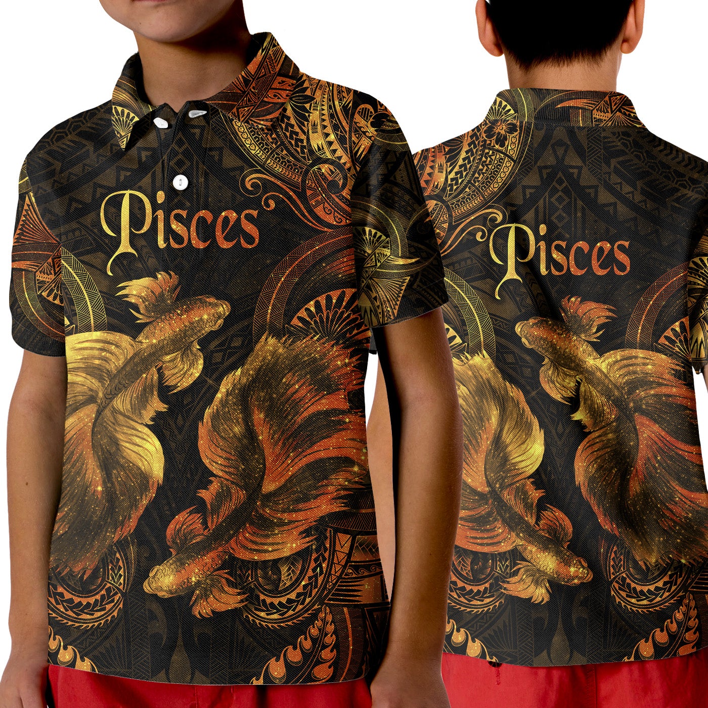 Pisces Zodiac Polynesian Polo Shirt KID Unique Style Gold LT8 - Wonder Print Shop