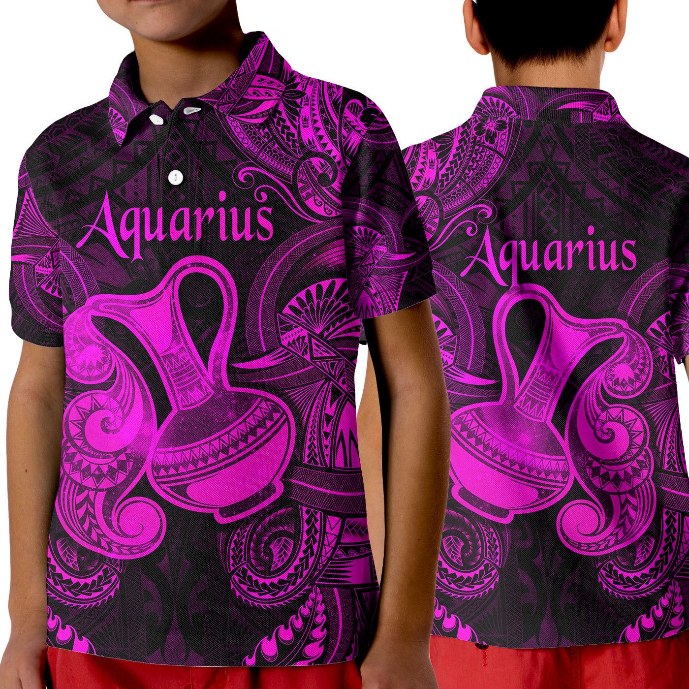 Aquarius Zodiac Polynesian Polo Shirt KID Unique Style Pink LT8 - Wonder Print Shop