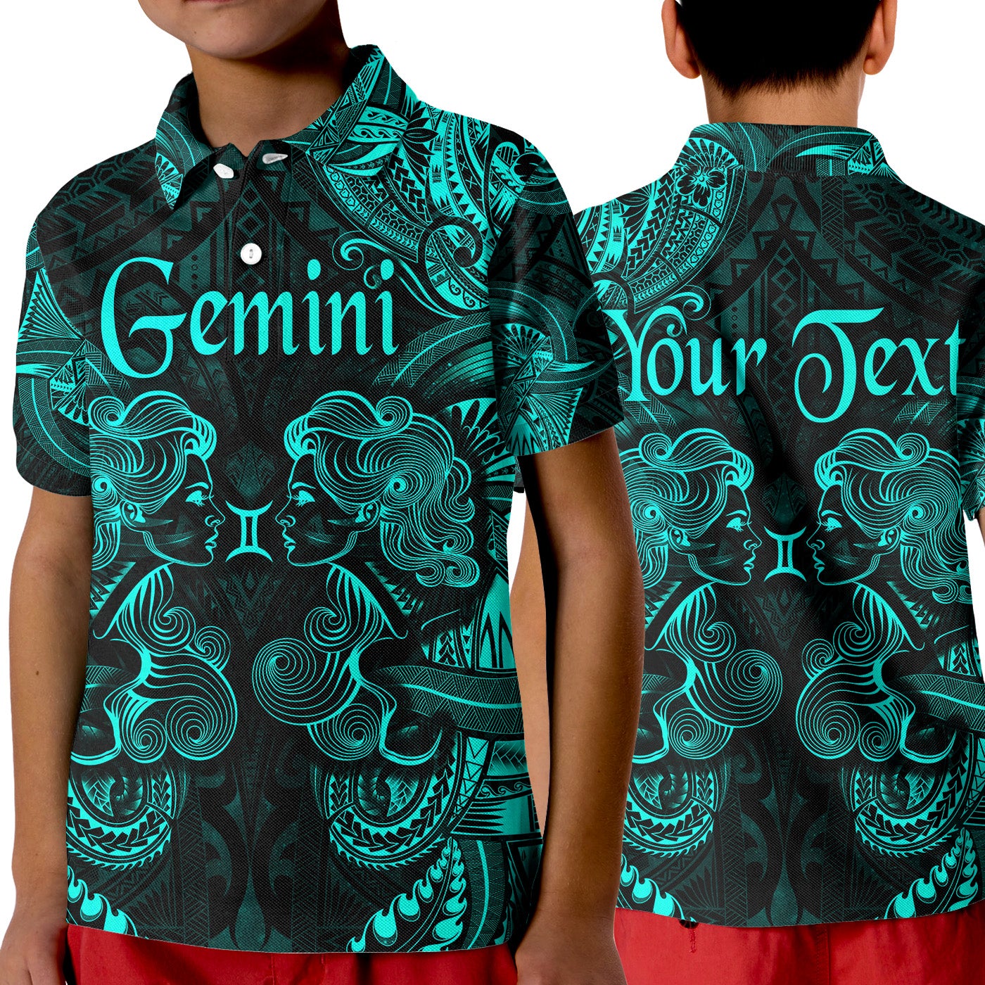 Custom Gemini Zodiac Polynesian Polo Shirt KID Unique Style Turquoise LT8 - Wonder Print Shop