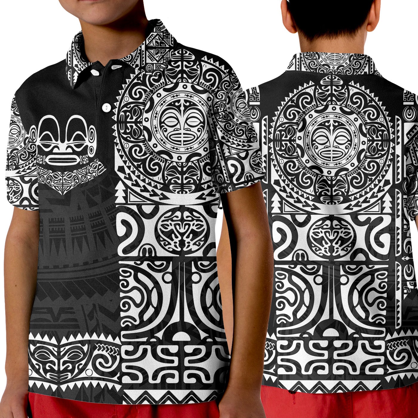 Marquesas Islands Polo Shirt KID Marquesan Tattoo Unique Style Black LT8 - Wonder Print Shop