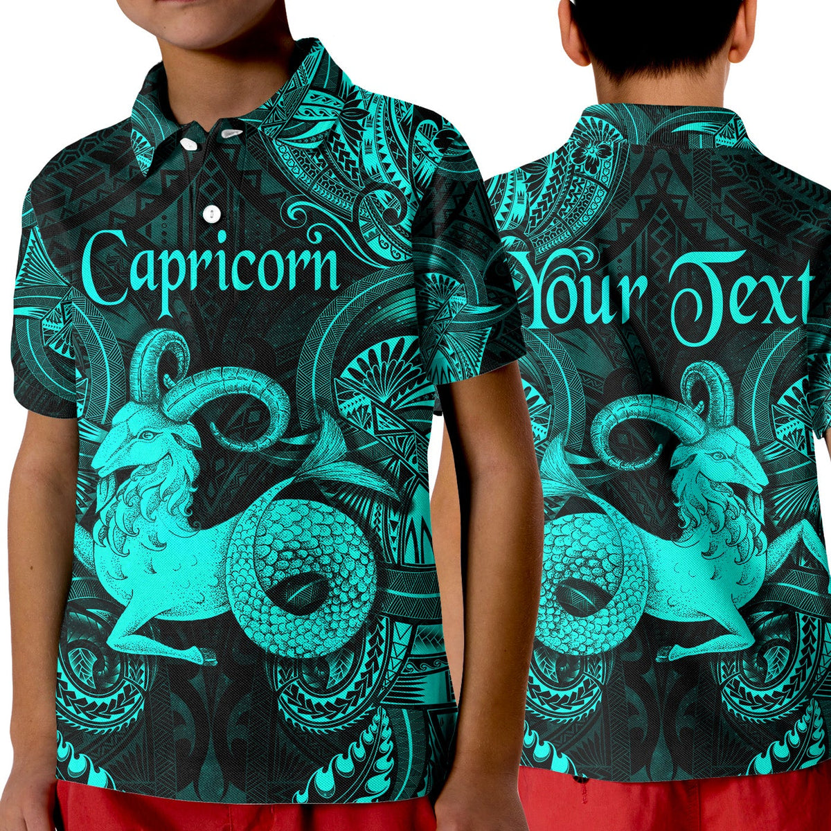 Kids turquoise capricorn polynesian polo shirt, black with teal graphic print