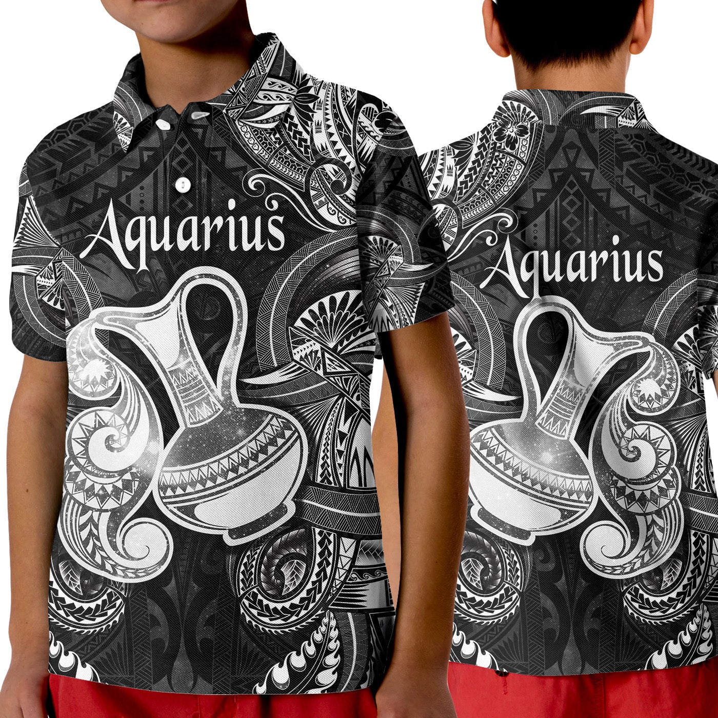 Aquarius Zodiac Polynesian Polo Shirt KID Unique Style Black LT8 - Wonder Print Shop