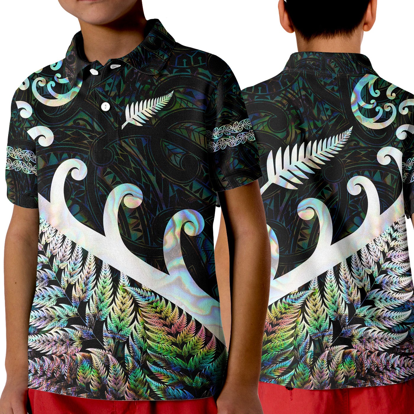 New Zealand Rugby Maori Polo Shirt KID Silver Fern Koru Vibes Paua Shell LT8 - Wonder Print Shop