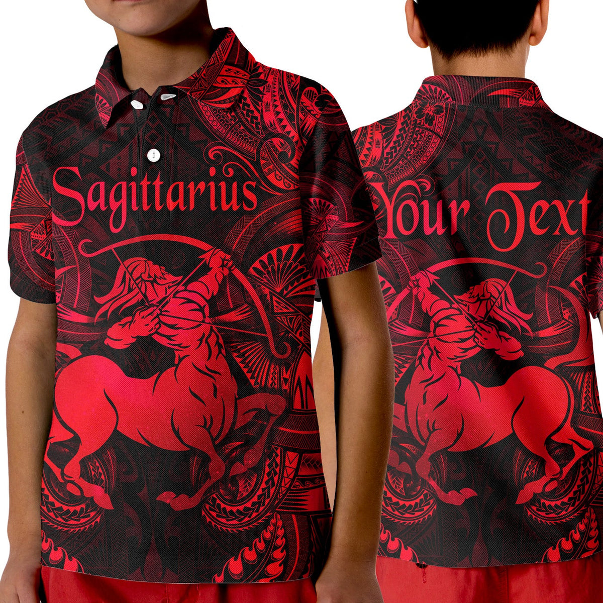 Kid red polo shirt with black button placket and Sagittarius zodiac horse graphic
