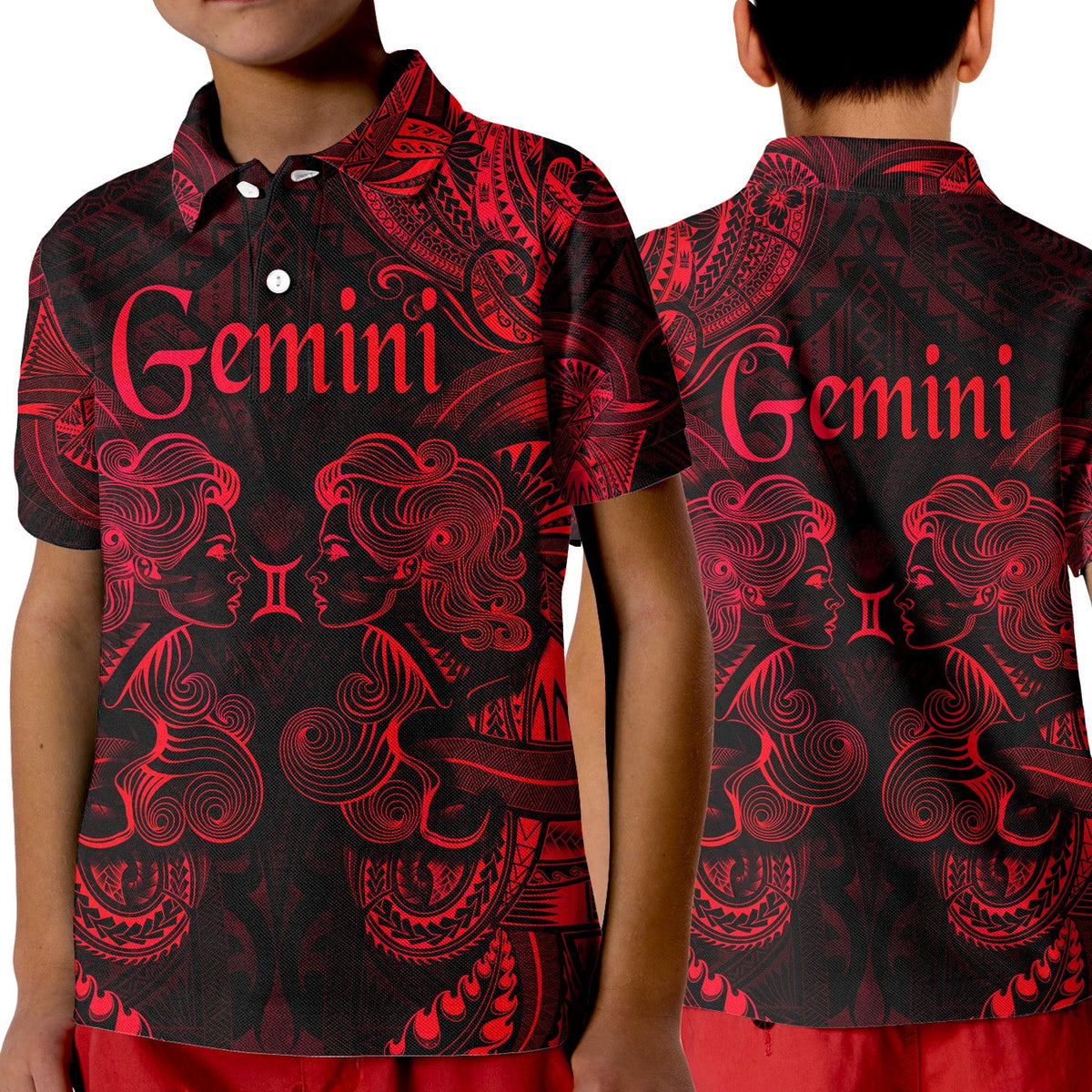 Kids red-and-black polo shirt with Gemini zodiac print and tribal Polynesian pattern