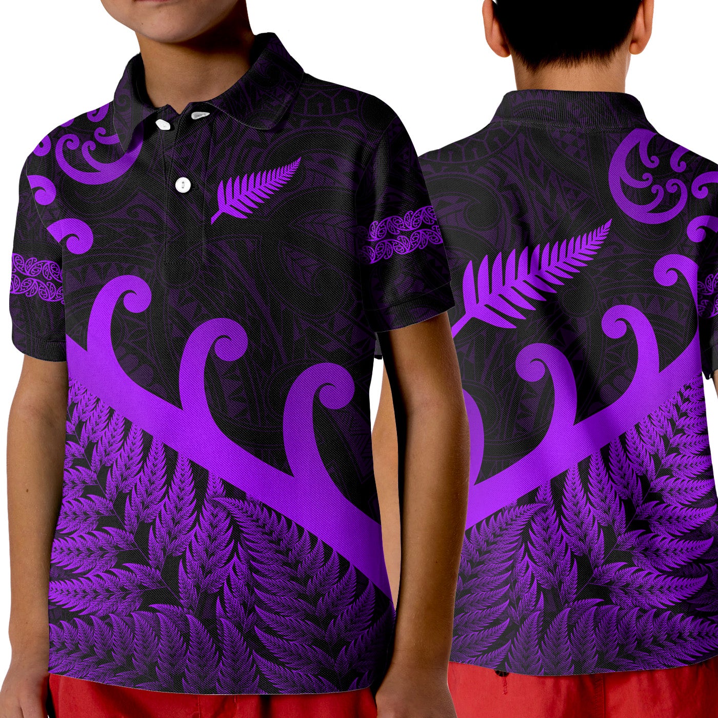 New Zealand Rugby Maori Polo Shirt KID Silver Fern Koru Vibes Purple LT8 - Wonder Print Shop