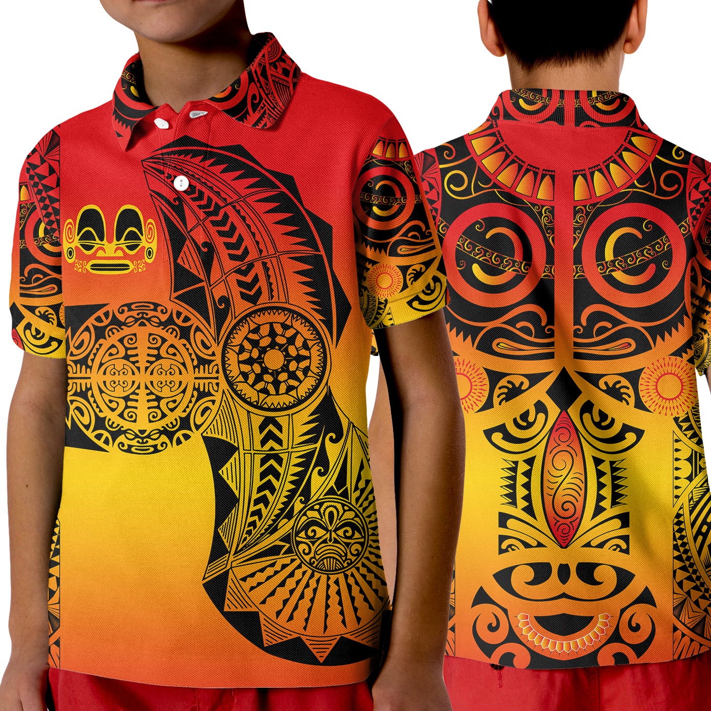 Marquesas Islands Polo Shirt KID Marquesan Tattoo Original Style Gradient Red LT8 - Wonder Print Shop