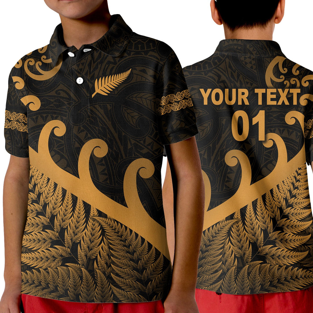 Kids rugby polo, black with gold fern & koru Maori pattern, collar and button placket