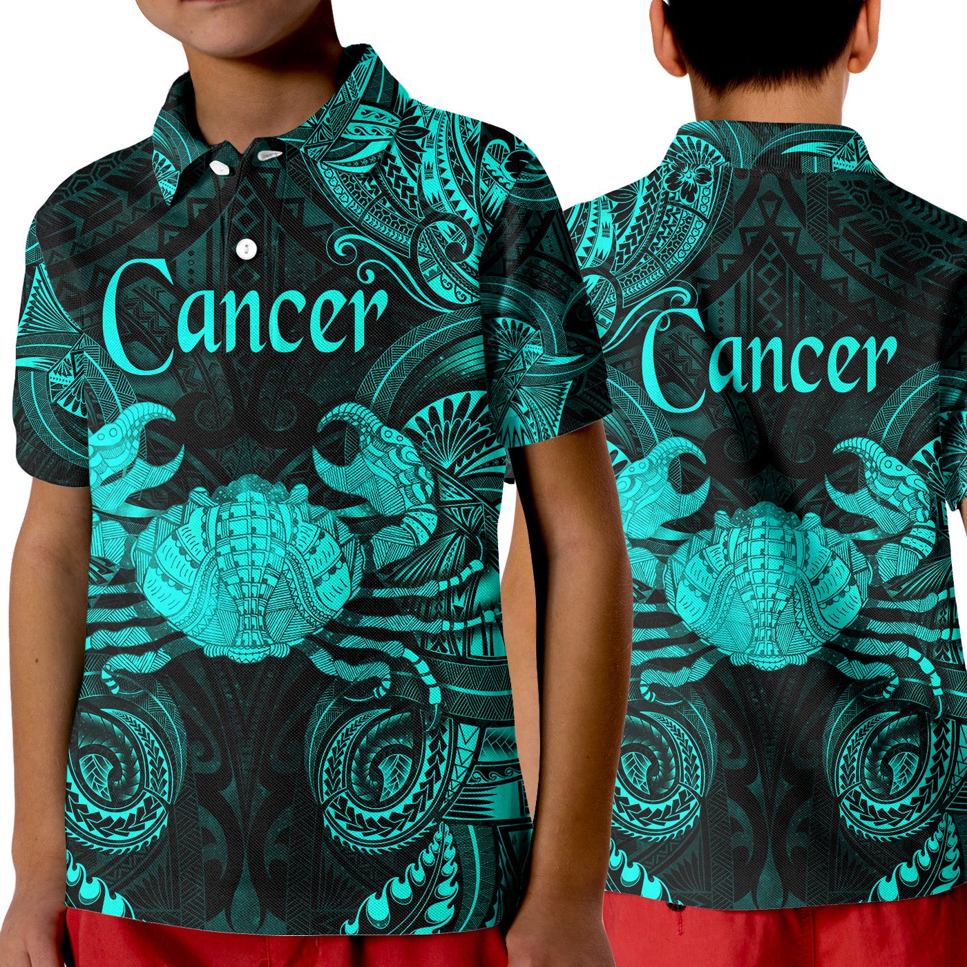 Cancer Zodiac Polynesian Polo Shirt KID Unique Style Turquoise LT8 - Wonder Print Shop