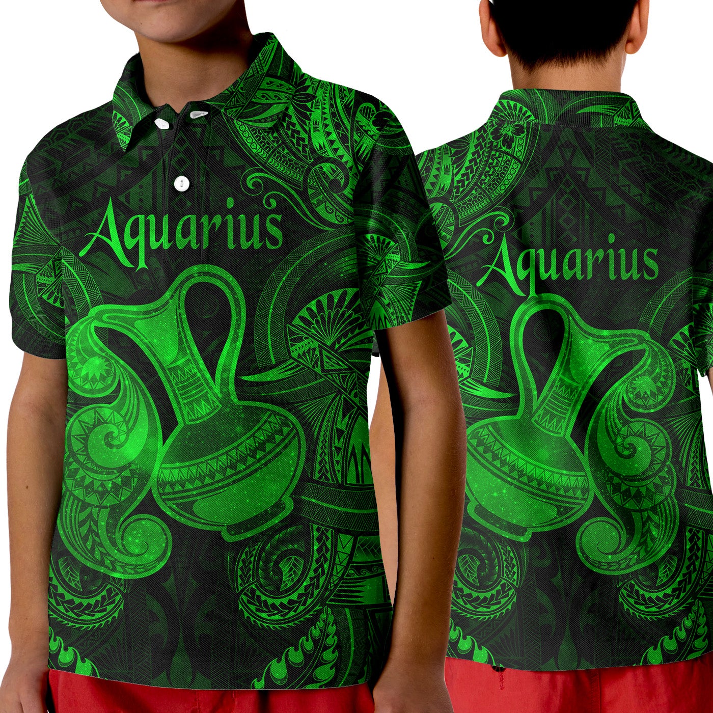 Aquarius Zodiac Polynesian Polo Shirt KID Unique Style Green LT8 - Wonder Print Shop