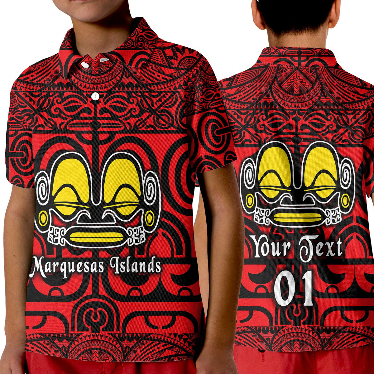 Polo infantil rojo con collar y estampado tribal Marquesas; texto 'Your Text 01'.