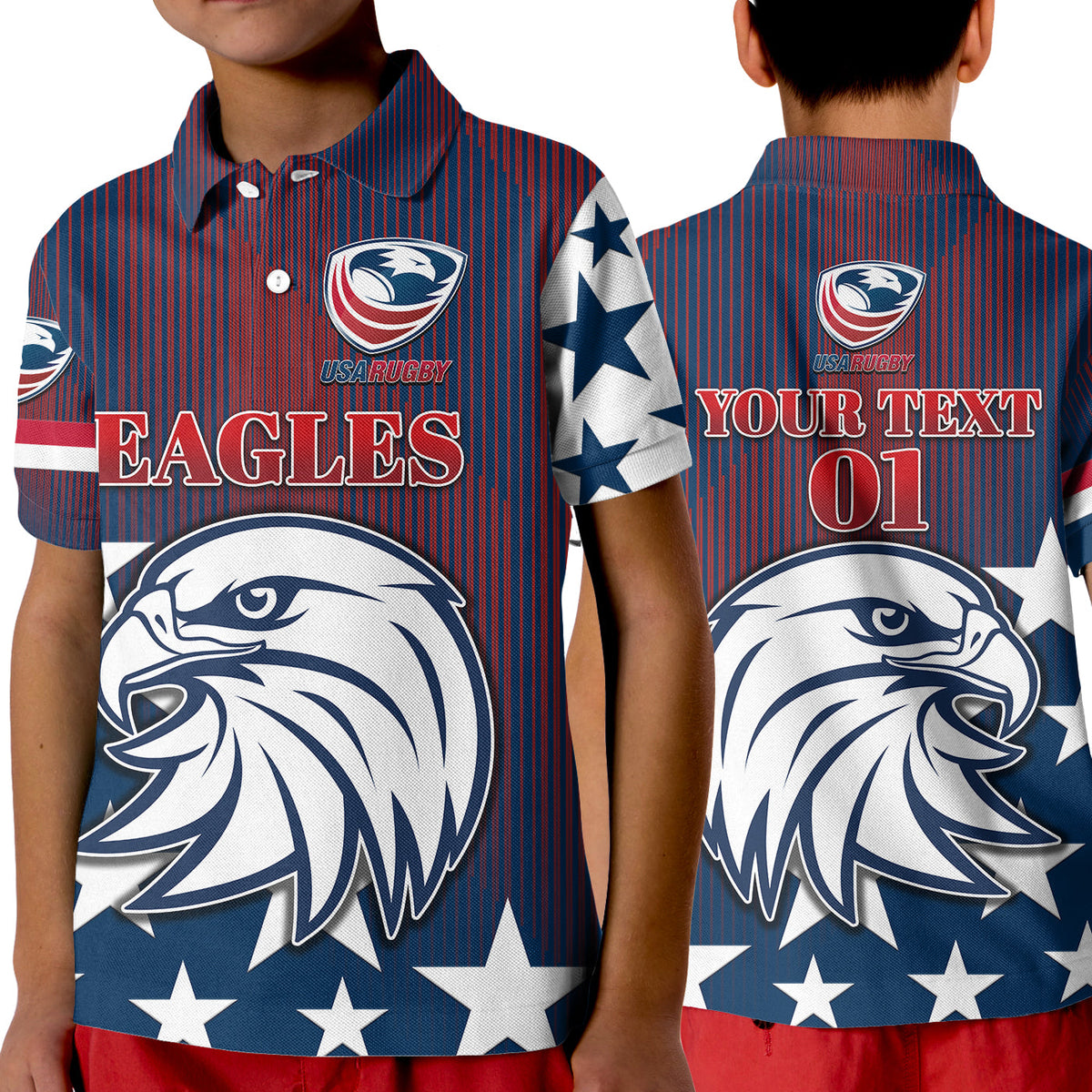 Kids blue rugby polo with red/blue stripes, eagle graphic and USA RUGBY text.
