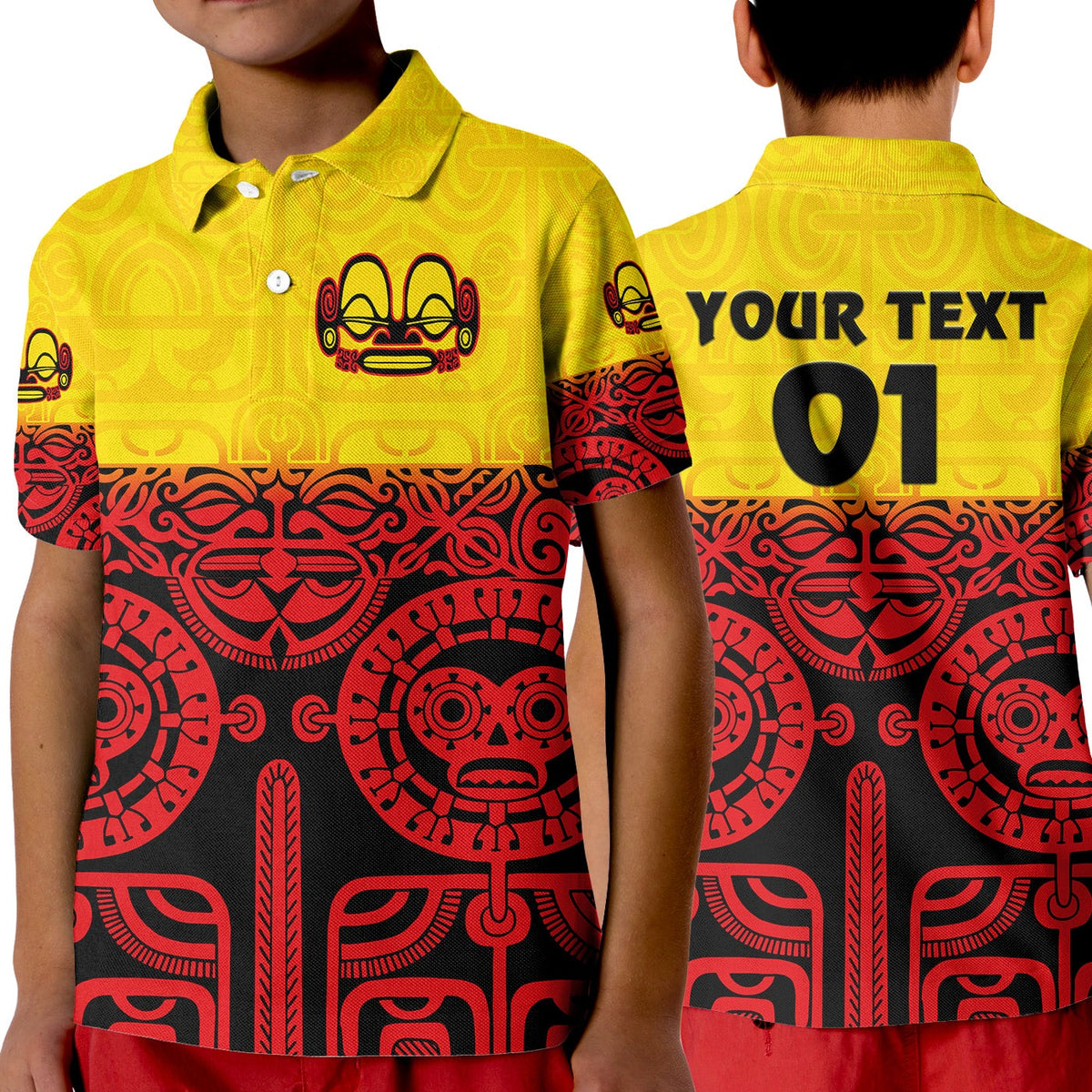 Polo infantil degradado rojo con tatuajes marquesanos y texto YOUR TEXT 01