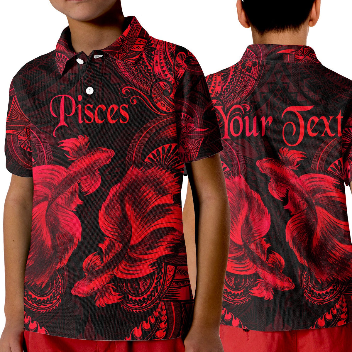 Kid red polo shirt with Pisces zodiac graphic, roaring fish pattern, and custom text