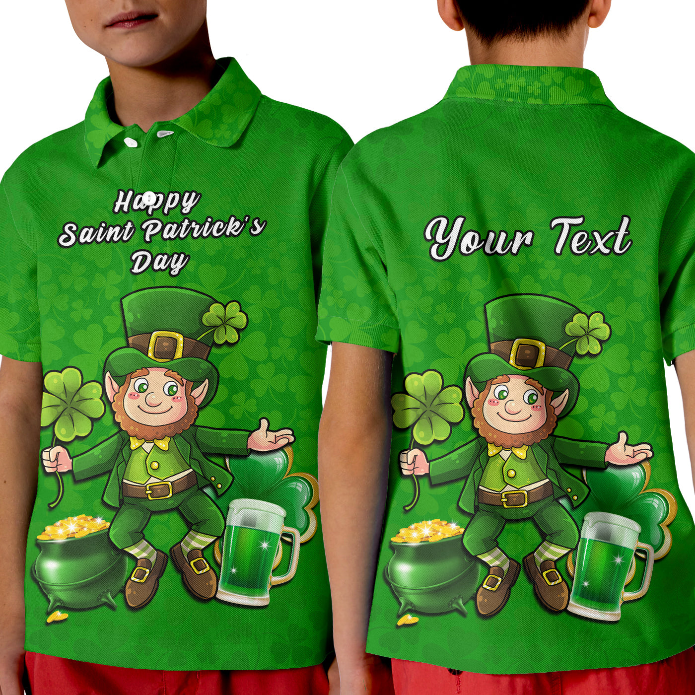 Custom Ireland Polo Shirt KID Saint Patricks Day Happy Leprechaun And Shamrock - Wonder Print Shop